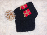 Christmas gift clothes for pets, snood hat with gifts for dog, Christmas clothes photo shoot for dog