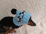 Handmade knitted panda hat for dachshund dog