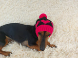 Knitted Pink Dog Hat: Wool Blend Hearts & Pompon - Doxie Clothes