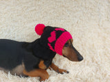 Knitted Pink Dog Hat: Wool Blend Hearts & Pompon - Doxie Clothes