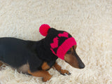 Knitted Pink Dog Hat: Wool Blend Hearts & Pompon - Doxie Clothes