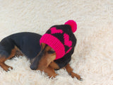 Knitted Pink Dog Hat: Wool Blend Hearts & Pompon - Doxie Clothes