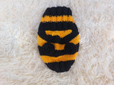 Knitted bee cap for small dog with handmade pompoms