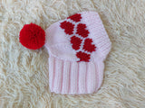 Pet hat with hearts for dog wool winter and pompom