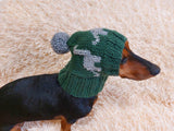 Knitted winter hat with dinozaur for dachshund dogs,dino dog hat snood