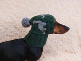Knitted winter hat with dinozaur for dachshund dogs,dino dog hat snood