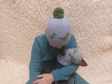 Dinosaurs Angora Wool Snood Hat Set for Mom and Dog, Snood Hat Set for Housewife and Dachshund, Mom and Dachshund with Pompoms