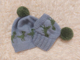 Dinosaurs Angora Wool Snood Hat Set for Mom and Dog, Snood Hat Set for Housewife and Dachshund, Mom and Dachshund with Pompoms