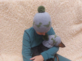 Dinosaurs Angora Wool Snood Hat Set for Mom and Dog, Snood Hat Set for Housewife and Dachshund, Mom and Dachshund with Pompoms