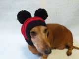 Black hat with red stripes for dog with two pompoms dachshundknit