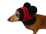 Black hat with red stripes for dog with two pompoms dachshundknit