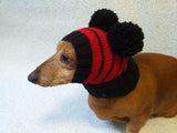 Black hat with red stripes for dog with two pompoms dachshundknit