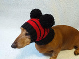 Black hat with red stripes for dog with two pompoms dachshundknit