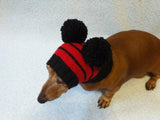 Black hat with red stripes for dog with two pompoms dachshundknit