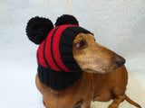Black hat with red stripes for dog with two pompoms dachshundknit