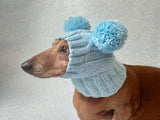 Blue hat for dog with two pompons, hat for dachshund with two pompons dachshundknit