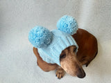 Blue hat for dog with two pompons, hat for dachshund with two pompons dachshundknit