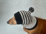 Striped black with gray hat for dog with pompom