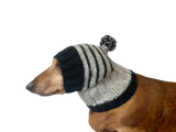 Striped black with gray hat for dog with pompom