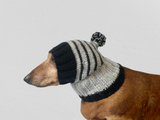 Striped black with gray hat for dog with pompom