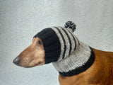 Striped black with gray hat for dog with pompom