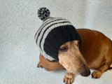 Striped black with gray hat for dog with pompom
