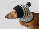 Striped black with gray hat for dog with pompom