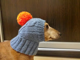 Gray hat with orange pom-pom for the dog, Winter gray hat for dachshund dog with pompom