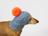 Gray hat with orange pom-pom for the dog, Winter gray hat for dachshund dog with pompom
