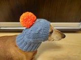 Gray hat with orange pom-pom for the dog, Winter gray hat for dachshund dog with pompom