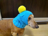 Blue hat with yellow pompom for small dogs, dog clothes hat with pompom, dachshund hat with pompom - dachshundknit