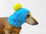 Blue hat with yellow pompom for small dogs, dog clothes hat with pompom, dachshund hat with pompom - dachshundknit