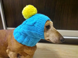 Blue hat with yellow pompom for small dogs, dog clothes hat with pompom, dachshund hat with pompom - dachshundknit