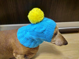 Blue hat with yellow pompom for small dogs, dog clothes hat with pompom, dachshund hat with pompom - dachshundknit