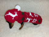 Christmas outfit for a dachshund costume sweater and hat with Christmas trees, snowflakes and deer dachshundknit