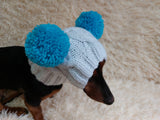 White Pet Hat With Colorful Pom Poms Dog Dachshund Warm Clothes Outfit Pom Pom Hat dachshundknit