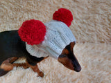 Warm hat for pets with pom-poms, Hat for mini dachshund with two pompons dachshundknit