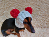 Warm hat for pets with pom-poms, Hat for mini dachshund with two pompons dachshundknit