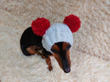 Warm hat for pets with pom-poms, Hat for mini dachshund with two pompons dachshundknit