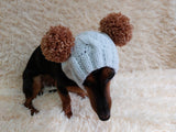 Warm hat for pets with pom-poms, Hat for mini dachshund with two pompons dachshundknit