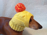 Dog hat yellow knitted with big pompom dachshundknit
