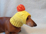Dog hat yellow knitted with big pompom dachshundknit