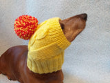 Dog hat yellow knitted with big pompom dachshundknit