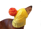 Dog hat yellow knitted with big pompom dachshundknit