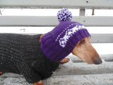Purple knitted warm winter hat for small dog handmade - dachshundknit