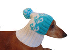 White and blue winter hat for dog or cat - dachshundknit