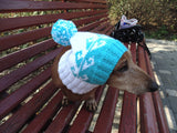 White and blue winter hat for dog or cat - dachshundknit