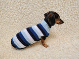 Striped Dachshund Knitted Sweater, Blue Ombre Dog Pullover, Cozy Miniature Dachshund Winter Wear, Stylish Handcrafted Dog Clothes