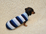 Striped Dachshund Knitted Sweater, Blue Ombre Dog Pullover, Cozy Miniature Dachshund Winter Wear, Stylish Handcrafted Dog Clothes