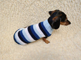 Striped Dachshund Knitted Sweater, Blue Ombre Dog Pullover, Cozy Miniature Dachshund Winter Wear, Stylish Handcrafted Dog Clothes